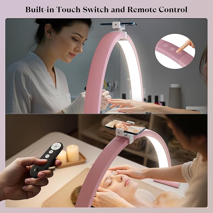 Nail Light for Desk, 30'' LED Half Moon Lamp for Nail Techs, Manicure and Handicraft, Adjustable Color Modes and Brightness, with Phone Holder (Pink)