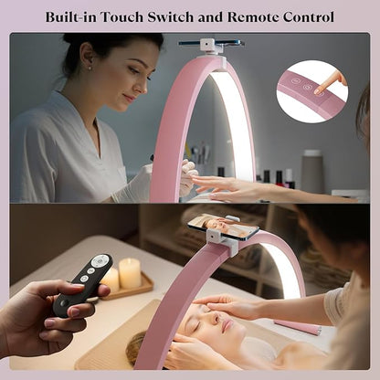 Nail Light for Desk, 30'' LED Half Moon Lamp for Nail Techs, Manicure and Handicraft, Adjustable Color Modes and Brightness, with Phone Holder (Pink)