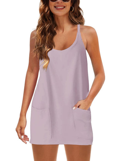 Lentta Womens Athletic Sleeveless Mini Dress with Built-in Shorts V Neck Sundress(Mauve-XXL)