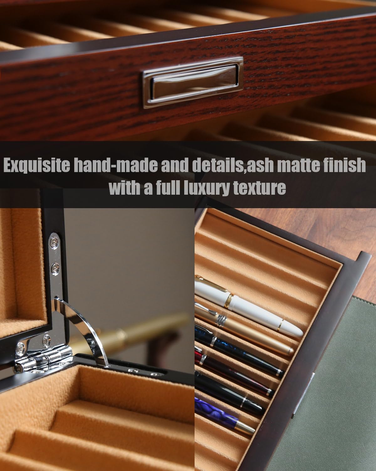 Bonaking Pen Display With 24 Slots, Wood Storage Organizer, Glass Window Box for Men Gift (Brown Ash Veneer Finish, Camel Velvet)