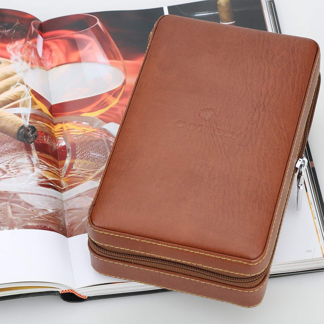 Time C club 4-Finger Portable Travel Leather Cigar Case, Cigar Cutter, Cigar Humidor with Cigar Cutter and Humidifier, Groomsmen Gift, Birthday Gift
