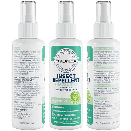 3-Pack Mosquito Repellent Spray - DEET-Free Bug Spray Travel Size TSA Approved - Mosquito, Tick & Insect Killer Deterrent with Natural Essential Oils - Peppermint Scent - Safe for Family - 3 Fl Oz