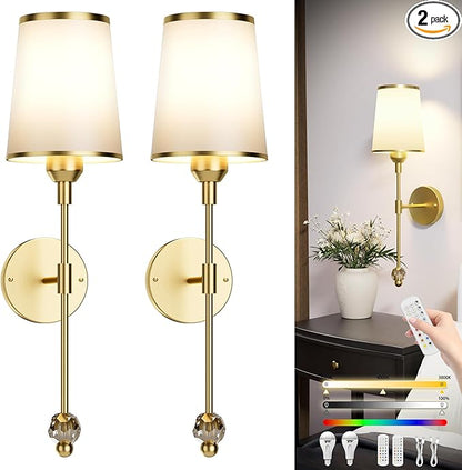 PAIHOME Gold Battery Operated Wall Sconce Set of Two, Rechargeable Wireless Sconces with 5000mAh, 15 Colors Remote Control Dimmable Wall Sconce for Bedroom Living Room Bathroom Hallway Wall Decor