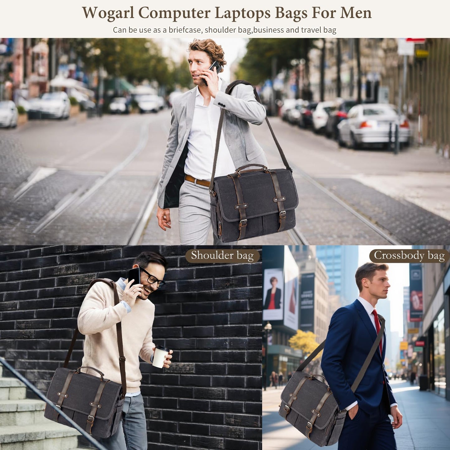 Wogarl 15.6 Inch Messenger Bag for Men Genuine Leather Waxed Canvas Briefcase Large Computer Laptop Bag, Satchel Shoulder Handbags Crossbody Bags for Work (Grey Black)