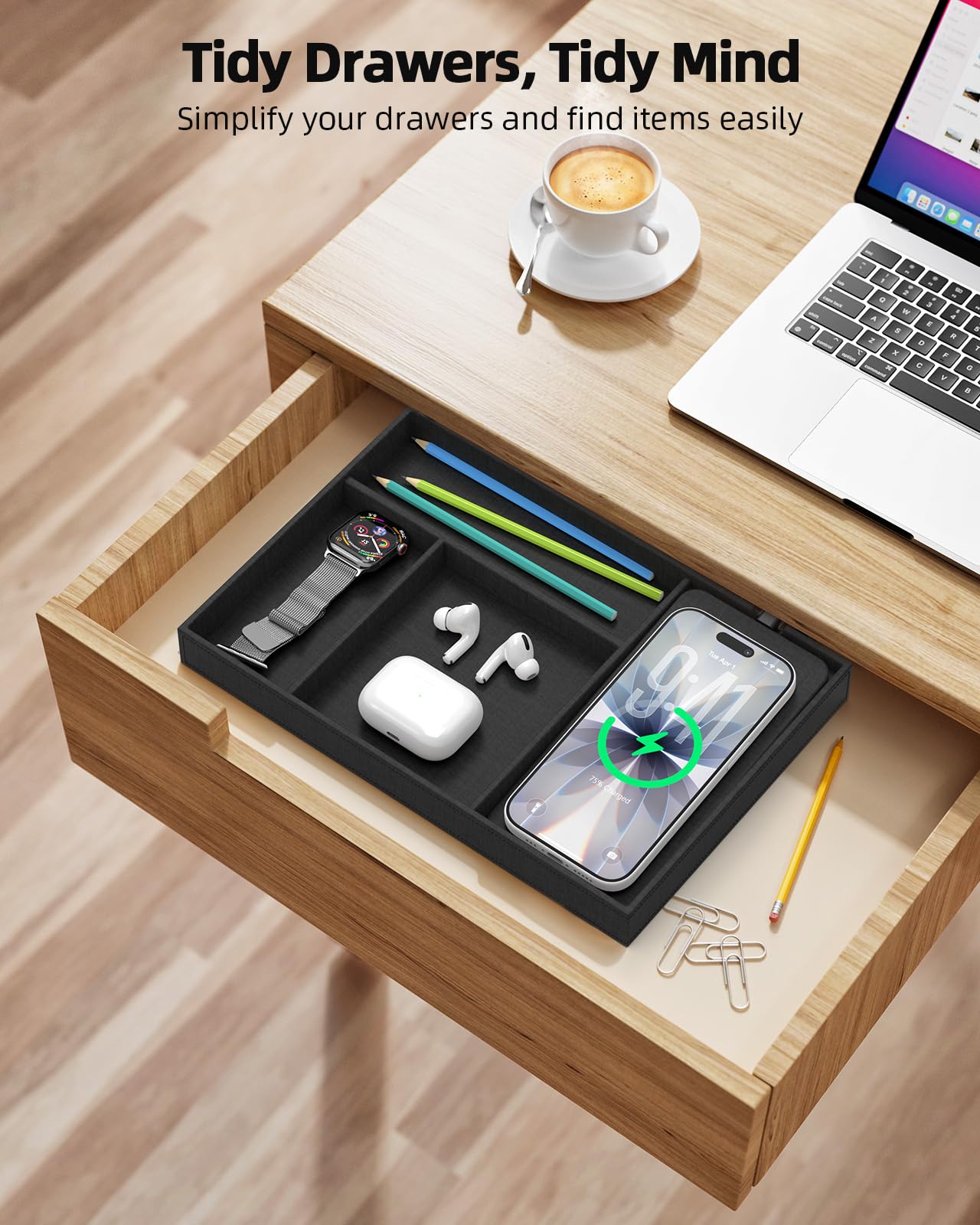 Valet Tray with Wireless Charger, Nightstand Organizer & Catchall Tray for Phone, Keys, Glasses and Accessories, Premium Linen, Stylish Desk & Bedside Storage Station, Black