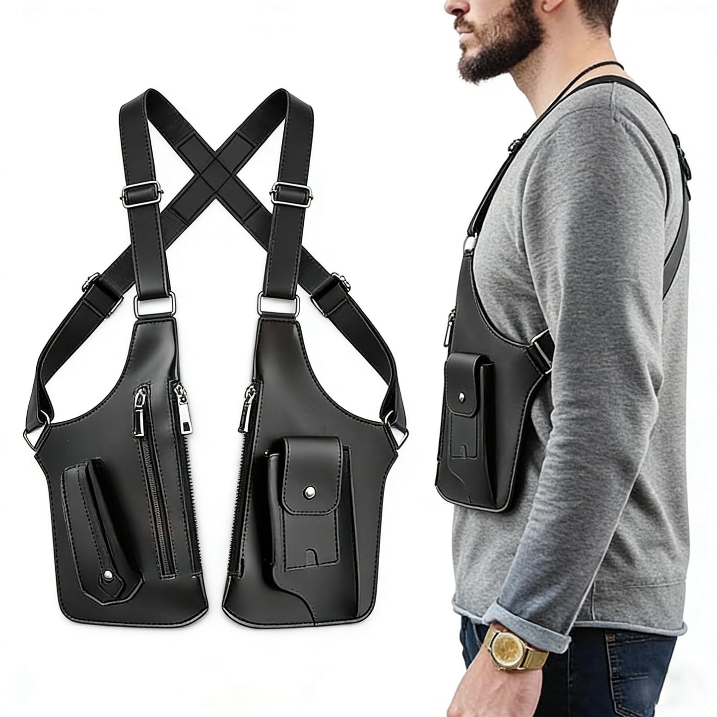 Premium Leather Shoulder Bag, Double Shoulder Armpit Bag for Men, Anti-Theft Hidden Adjustable Shoulder Holster for Men (Black)