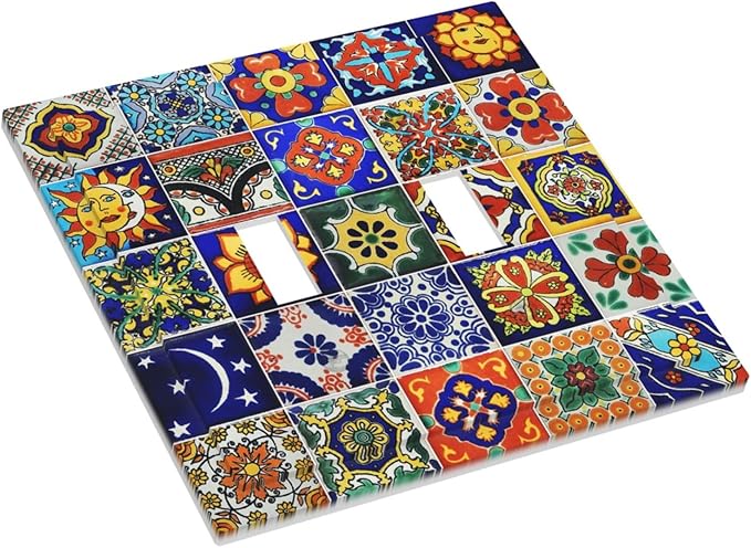 Traditional Colorful Talavera Mexican Spanish Moroccan Tiles Double Toggle Light Switch Cover Decorative 2 Gang Wall Plate Electrical Switchplate Faceplate for Bathroom Decorate Accessories