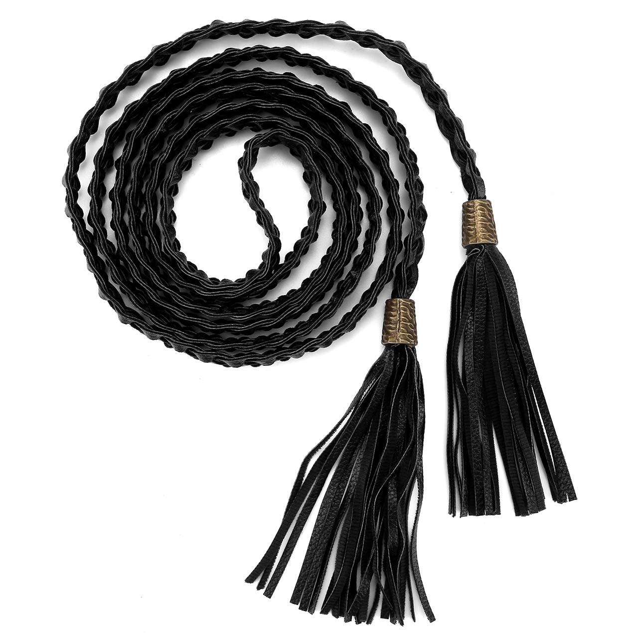 CHIC DIARY Women's Tassel Braided Rope Belt PU Leather Waist Belt Thin Woven Boho Waistband For Dress Jeans (E-2pcs)