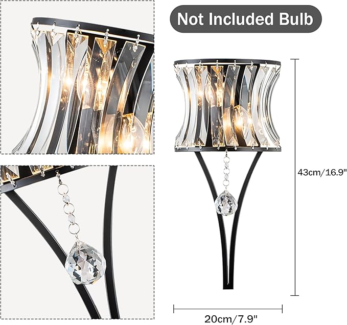 Crystal Wall Sconce 2-Light Black Wall Light Fixture Modern Luxury K9 Crystal Sconces Wall Lighting Elegant Glass Wall Mount Light Indoor for Bathroom Living Room Bedroom Hallway E14 Base