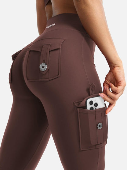 YEOREO CoreFlex Women Workout Flare Leggings with Pockets Hidden Scrunch High Waisted Cargo Gym Yoga No Front Seam Leggings Chocolate XS