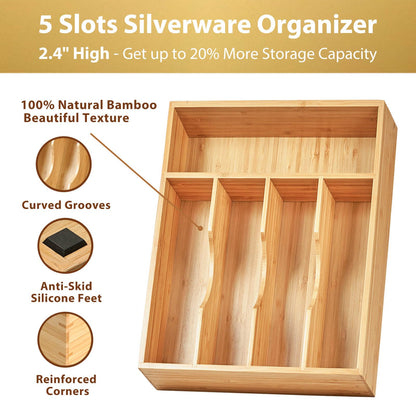 Umilife Bamboo Kitchen Drawer Organizer, 13 Inch Silverware Utensil Tray Holder, Extra Deep Grooved Drawer Divider, 7 Slots Total Bamboo Wood Caddy for Flatware Cutlery Knives, Forks, Spoons