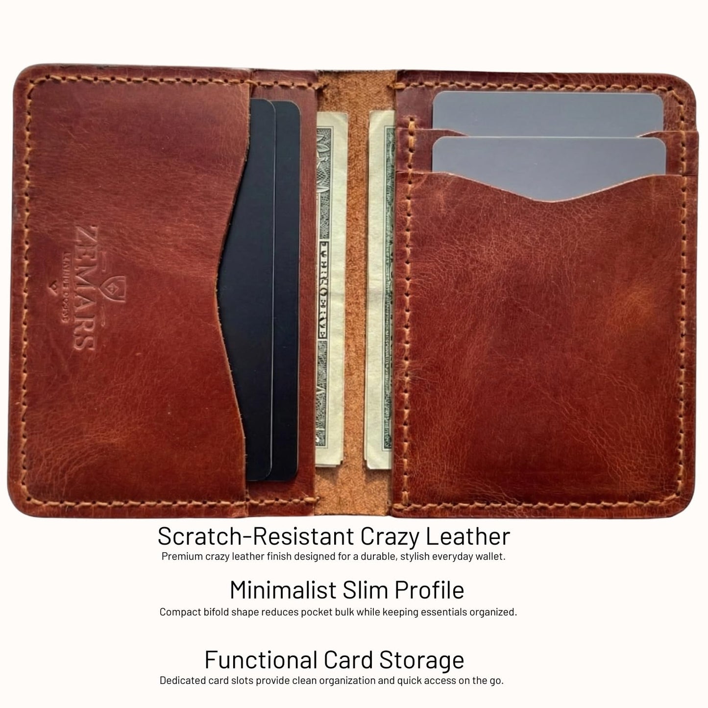 ZEMARS Slim Wallet for Men, Crazy Leather Minimalist Bifold Wallet, Scratch-Resistant Front Pocket Card Holder with Cash Slot, Compact Small Wallet (Tan)