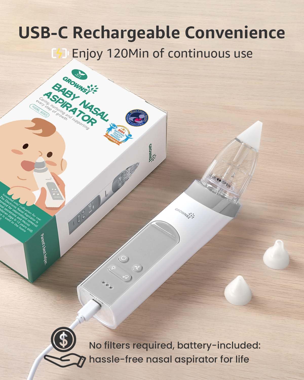 GROWNSY Nasal Aspirator for Baby, Electric Baby Nose Sucker with Larger Suction Chamber and More Powerful Suction, Automatic Nose Cleaner with Music and Light Soothing Function