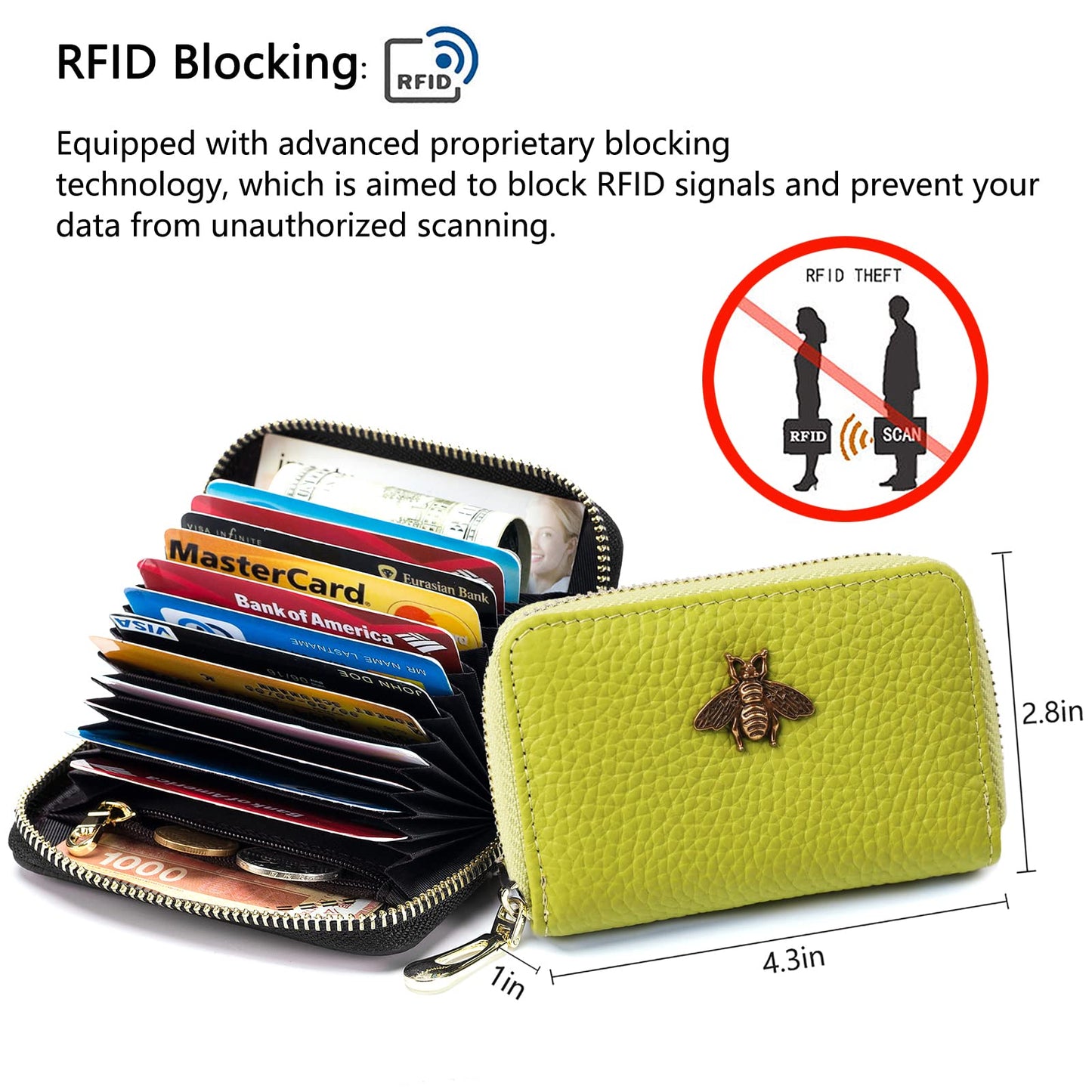 imeetu RFID Credit Card Holder, Small Leather Zipper Card Case Wallet for Women (Lite,Yellow Green)
