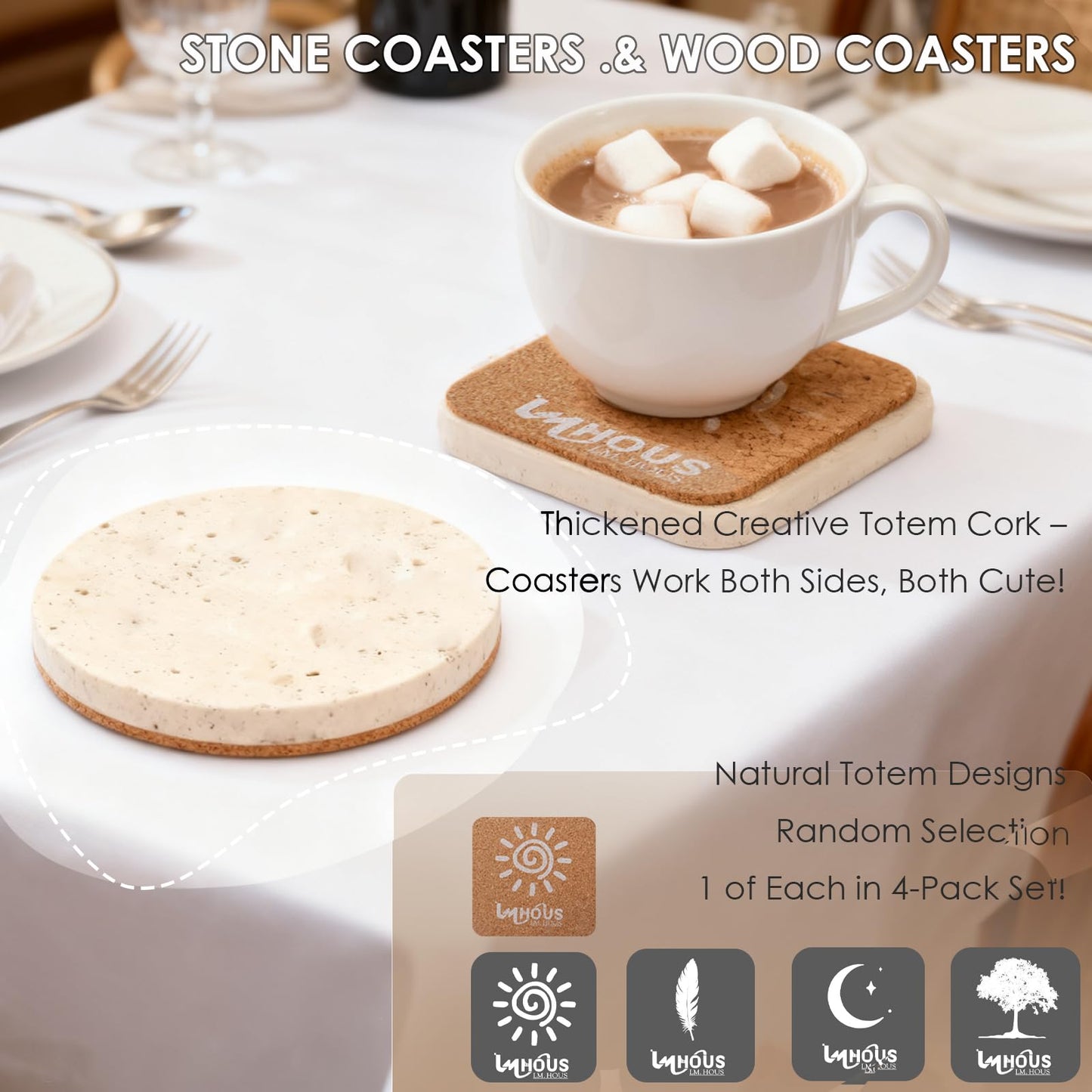Travertine Stone Coasters Set of 2, 4" Natural Stone Desk Coasters for Drinks with 3mm Wooden Cork Backing, Durable Non-Slip Cup Mats, Table Protection for Coffee, Kitchen, Bar, Wedding