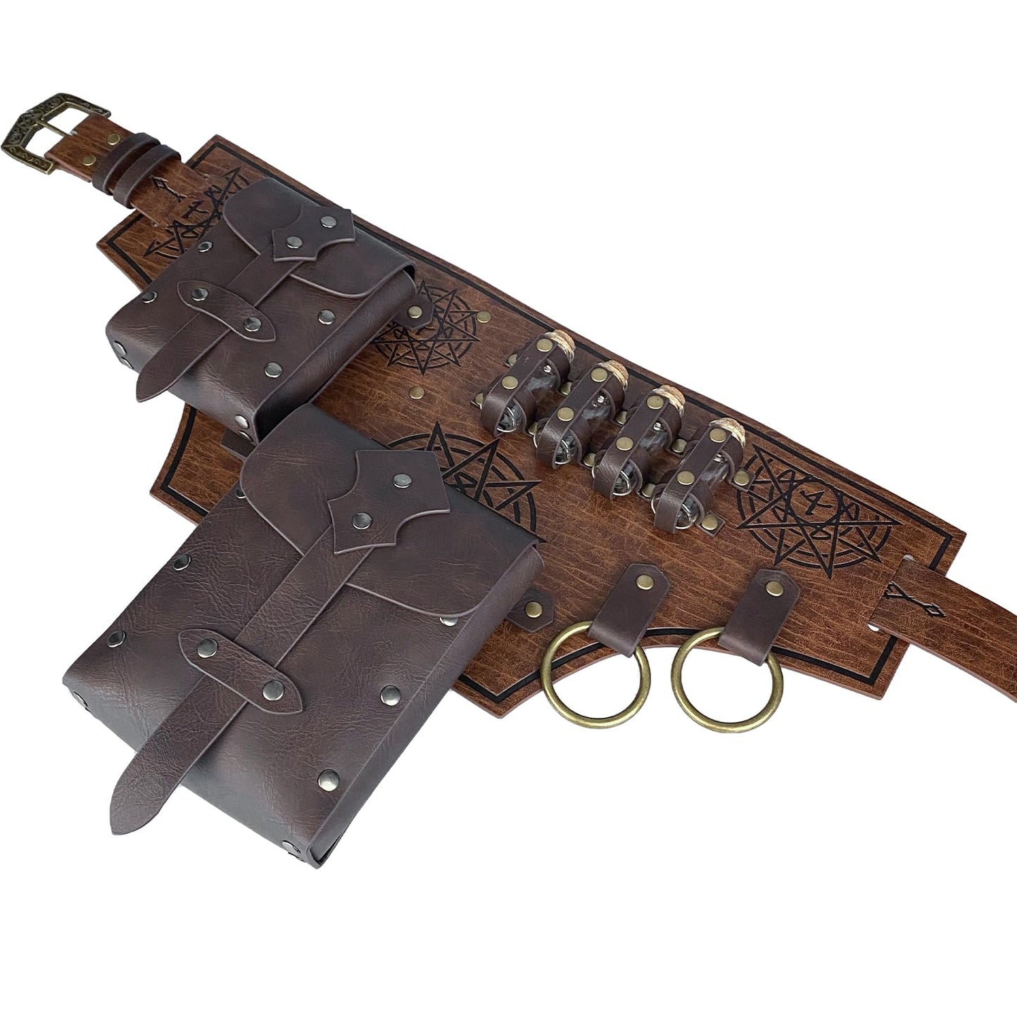 HiiFeuer 4 PCs Medieval Alchemy Belt Costume, Fantasy Faux Leather Wizard Potion Holder Belt with 4 Cork Vials and Belt Bag (Brown A)