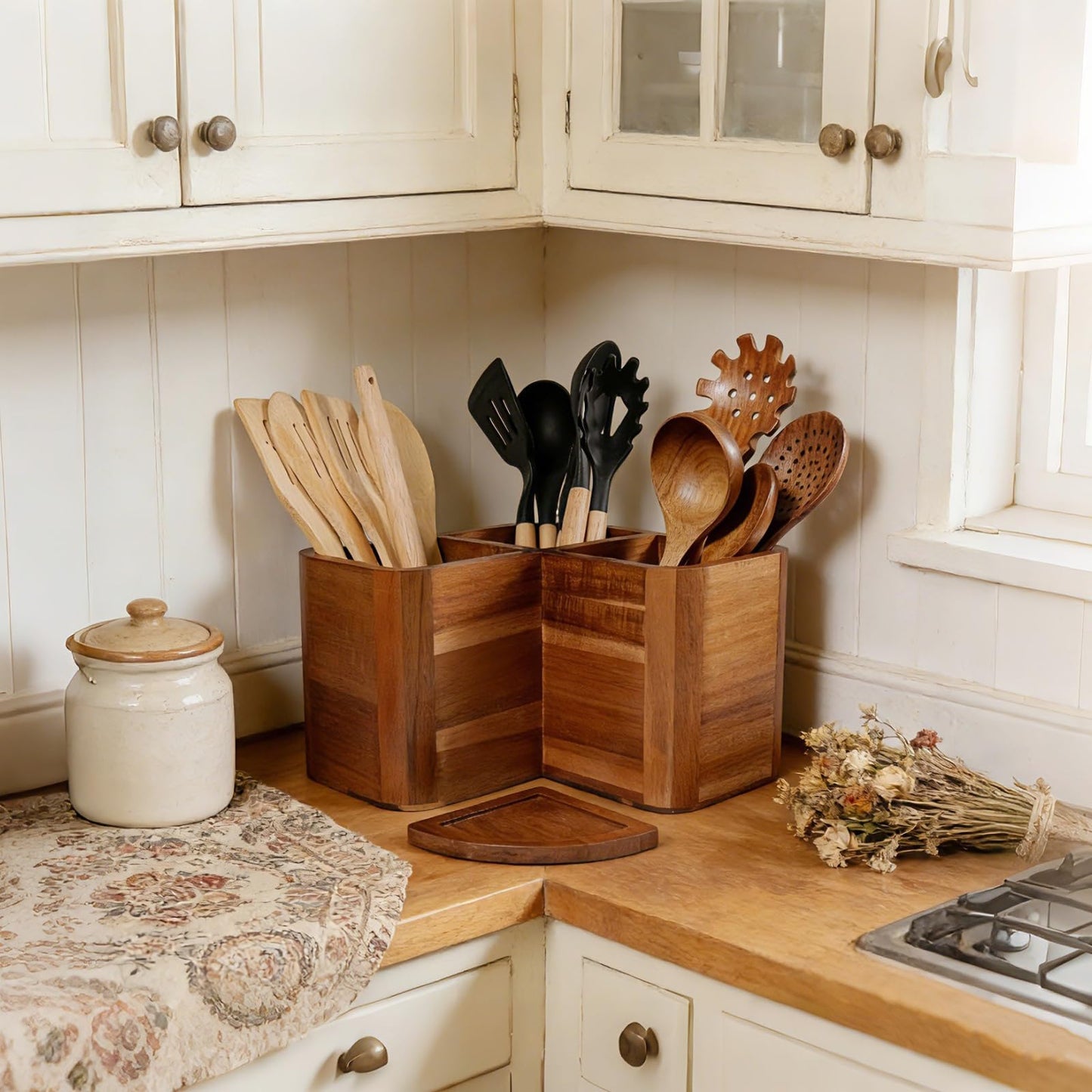 Liberal Brightdeer Large Kitchen Utensils Holder with 3 Compartments,Corner Utensil Caddy for Countertop,Acacia Wooden Utensil Organizer for Kitchen Countertop, Farmhouse Decor