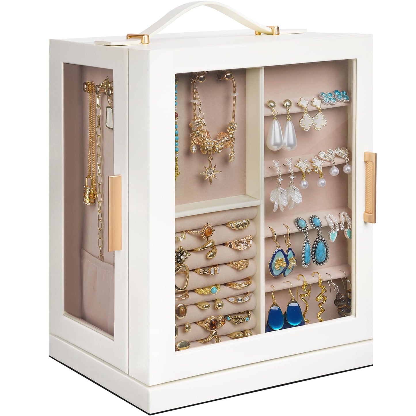 DUMIROICS 360° Rotating 5‑Drawers Jewelry Box with Top Handle & Glass Window, Spacious Vertical Jewelry Organizer, Jewelry Storage Case, Dustproof & Moisture‑resistant Design. (White)
