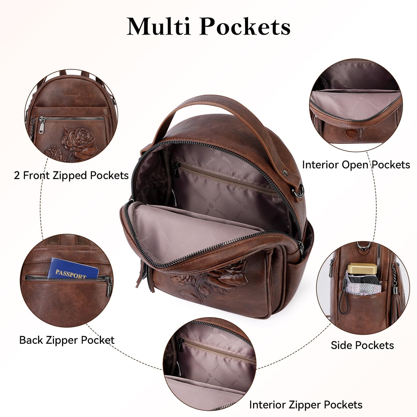 VIMUTI Mini Backpack Purse for Women,Embossed Leather Small Backpack Fashion Travel Backpacks Daypacks Shoulder Handbag (COFFEE-Flower)