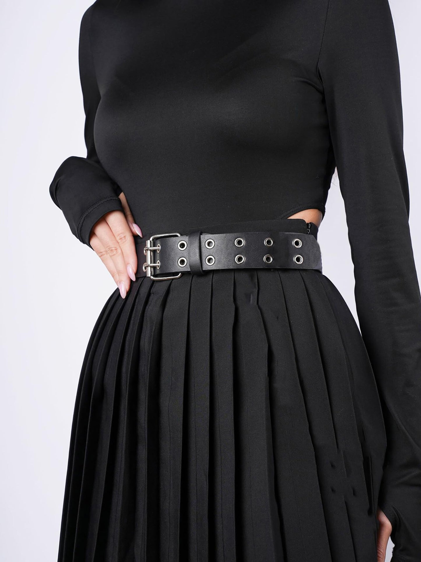 WARANDOD Punk Belt Black Leather Fashion Rock Versatile Casual Buckle Rivet Cowboy Style Faux Leather Emo Belt Woman Harness for jeans, dress(Fit Waist 21.3-37in)