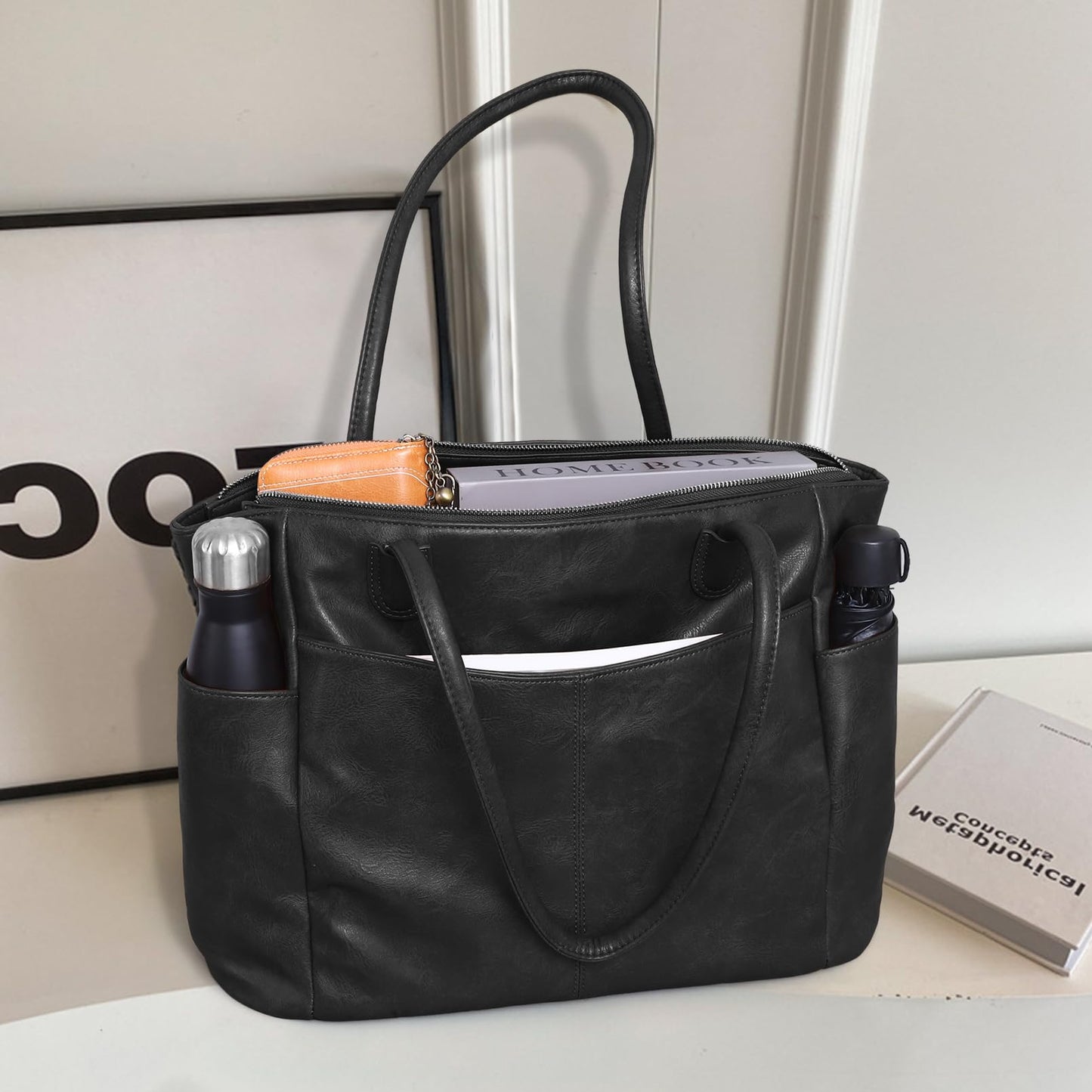 monrich Large Black Tote Bag for Women Work Vegan Leather 23L Womens Tote Purse with Zipper Ladies Handbags