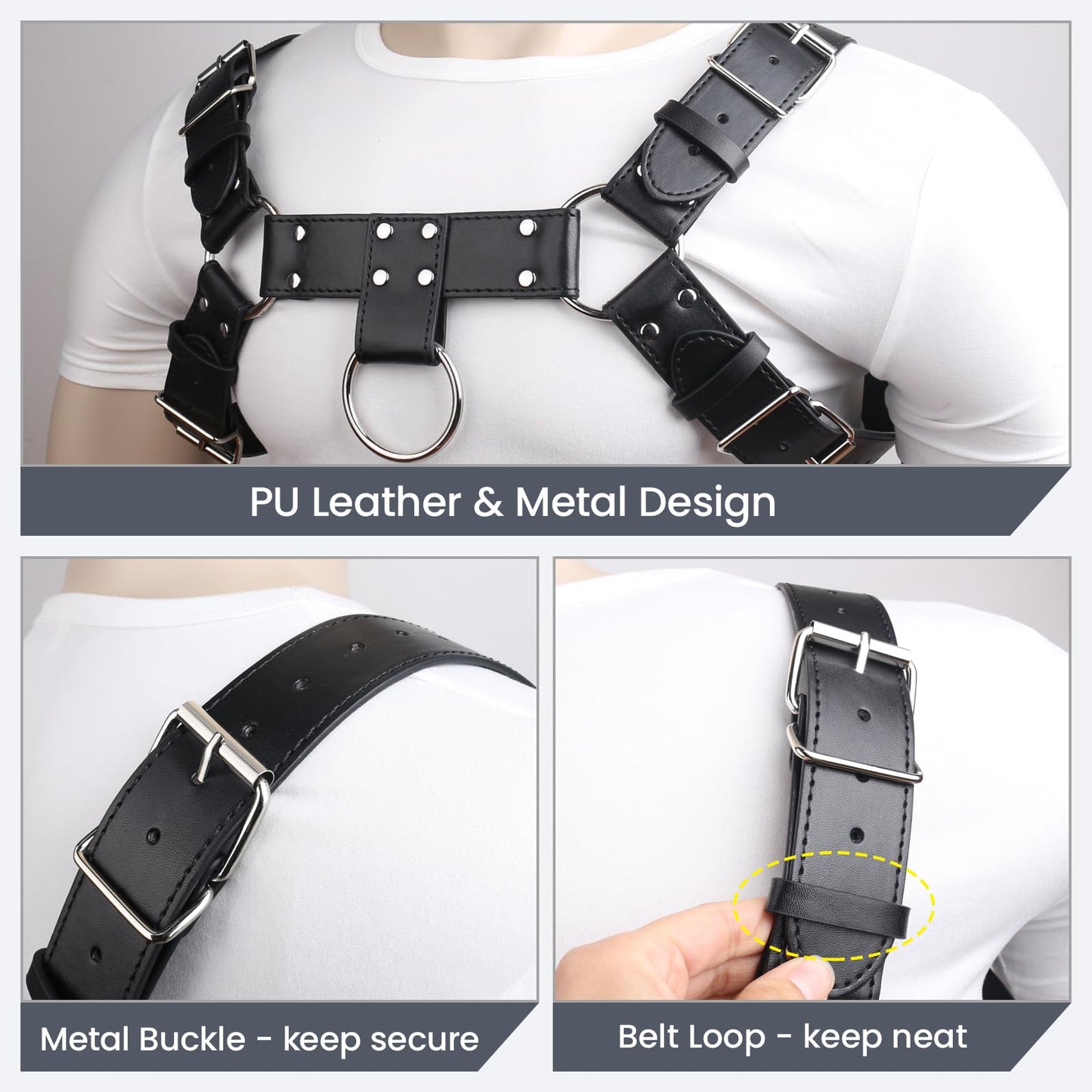 Mens PU Leather Chest Harness Costume Cosplay Top, Adjustable Body Harness Shoulder Straps Male Punk Fashion Steatement Rave Outfit for Music Festival Party Halloween Cosplay D88 (Black)