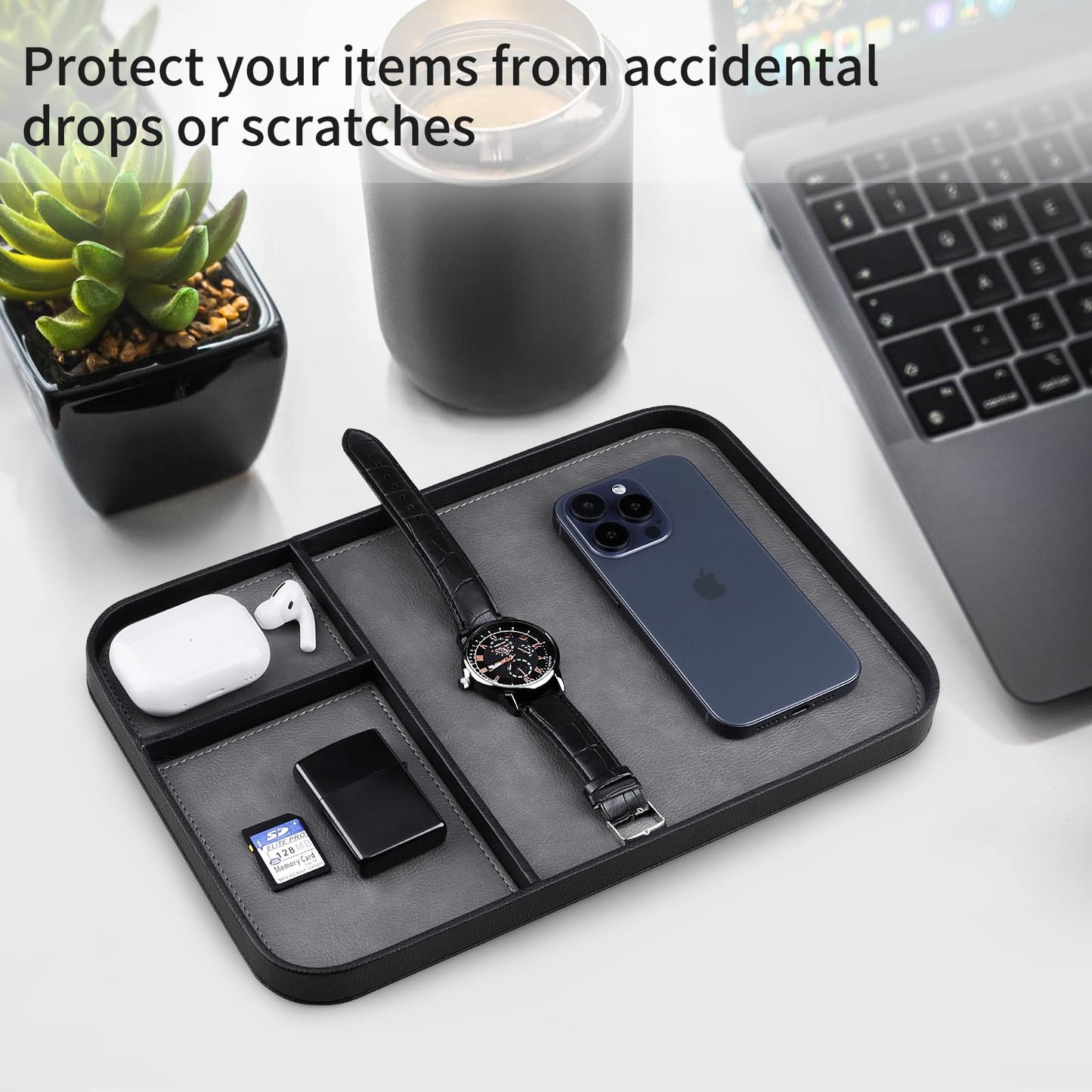 SENEN Leather Tray, Stylish and Organized Multifunctional Tray, for Table Entryway, Premium PU Leather, Catchall Tray for Keys, Watch, Wallet, Jewelry, and More (Black Frame)
