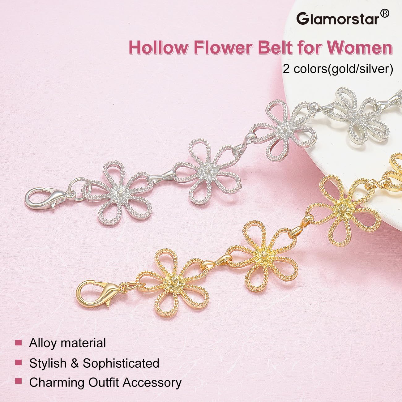 Glamorstar Hollow Flower Belt for Women Waist Chain Belts for Dresses Gold C 150cm/59in