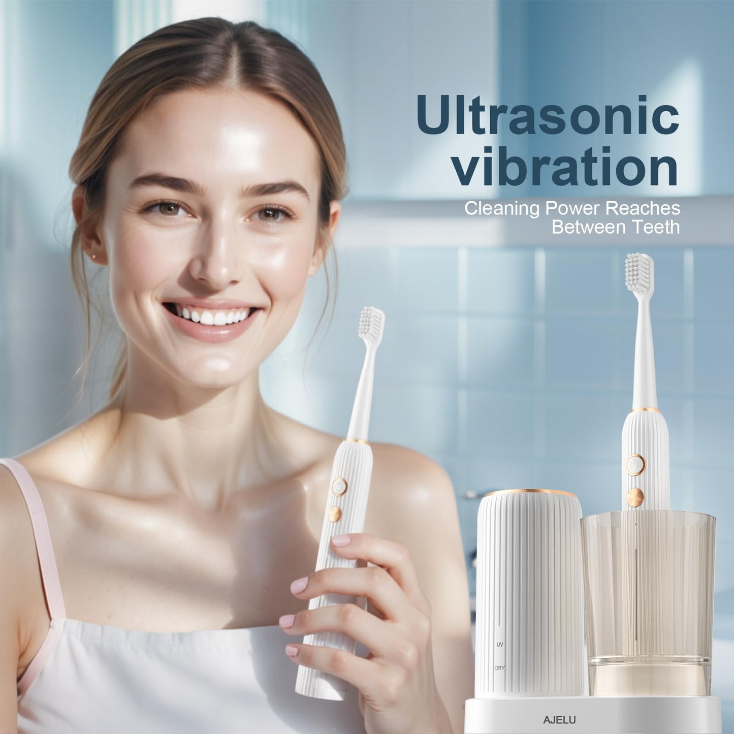 Electric Toothbrush Set with Drying & Sanitizing Holder, 8 Replacement Brush Heads, Transparent Rinse Cup, Smart Timer, USB Rechargeable for Adults