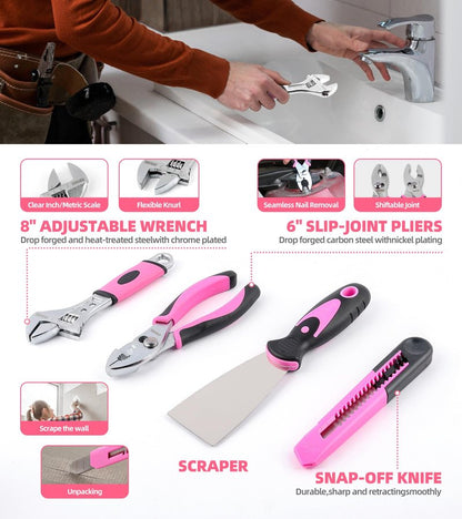 143 Pcs Pink Homeowner Tool Set with 3.6V Cordless Screwdriver General Household Hand Tool Kit with Plastic Tool box Storage Case for Women,Men
