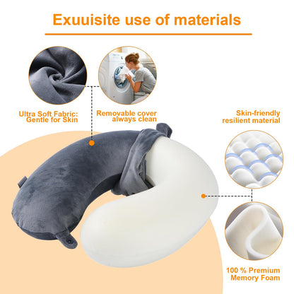Travel Pillow,100% Pure Memory Foam U Shaped Neck Pillow,Super Lightweight Portable Headrest Great for Airplane, Car,Home,Office,Sleeping Rest (Grey)