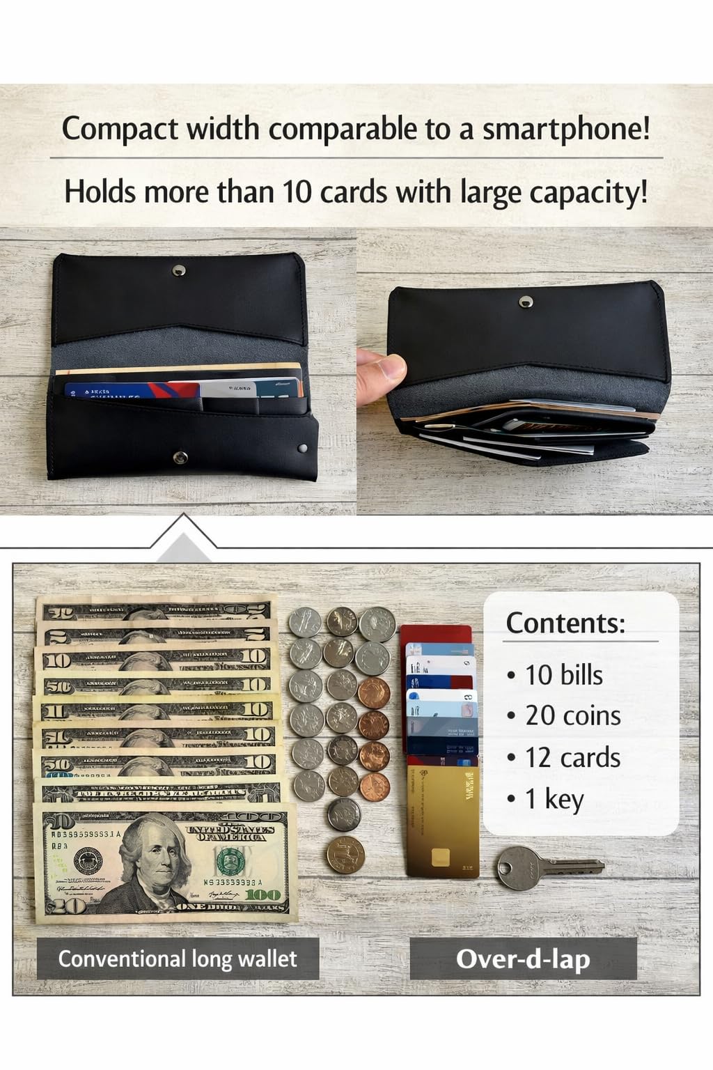 MASACCIO Over-d-lap Extra Small Long Wallet Green Genuine Leather, Slim Billfold, Mini Design, Card & Slit Pockets, Ultra-Thin Unisex Style (Green)