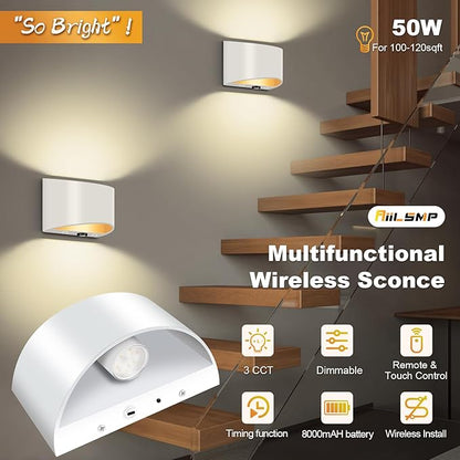 Battery Operated Wall Sconces Set of 2, White Rechargeable Wireless Remote & Touch Control Battery Wall Lights, 3 Color Temperatures, Timer Cordless Dimmable Light for Bedroom, Living Room, Hallway