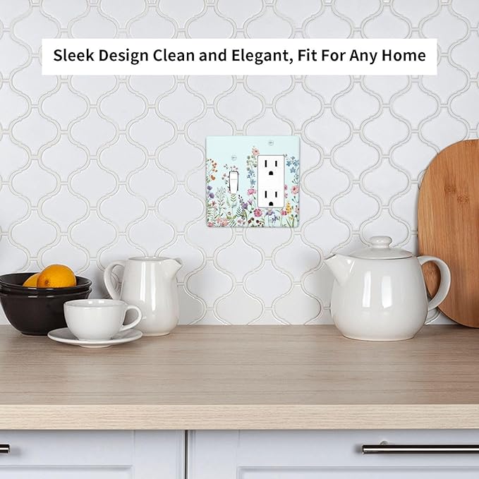 Rustic Wild Floral Vintage Blue Watercolor Flower 2 Gang Single Toggle Rocker Combination Light Switch Cover Unique Decorative Wall Plate Cover Electrical Faceplate Switchplate for Bedroom