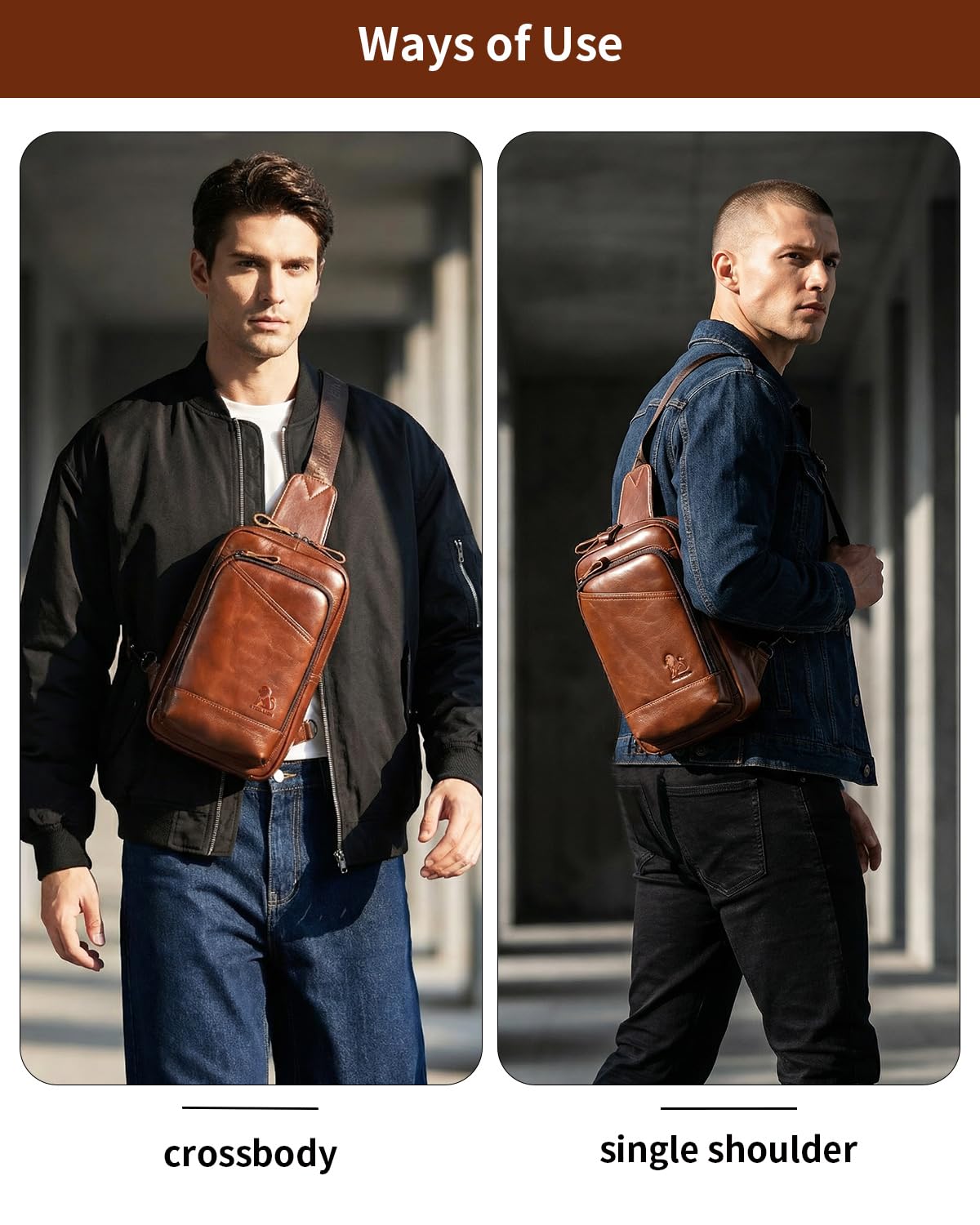STEELLION Leather Crossbody Bag for Men, Genuine Cowhide Chest Bag with Large Capacity, 3 Card Slots, 2 Pen Holders and Organizer, Men's Sling Bag for Business, Travel, Casual and Daily Use (Brown)