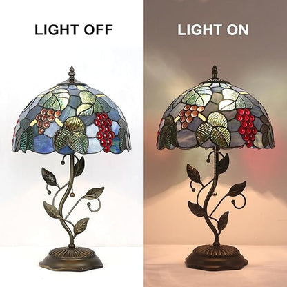 Tiffany Style Table Lamp Handmade Stained Glass Bedside Lamp 12x12x20 inch Metal Leaf Base,Art Glass Lamp for Living Room, Bedroom, Office Decor(Grape)