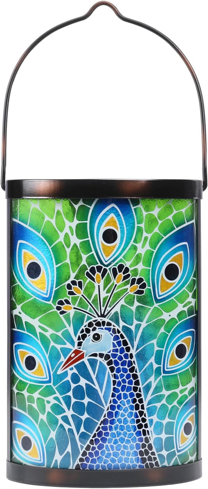 Hanging Solar Lantern Outdoor Waterproof Peacock Solar Lights Glass Tabletop Decorative Lamp for Outdoor Patio Garden Outside Yard Decor