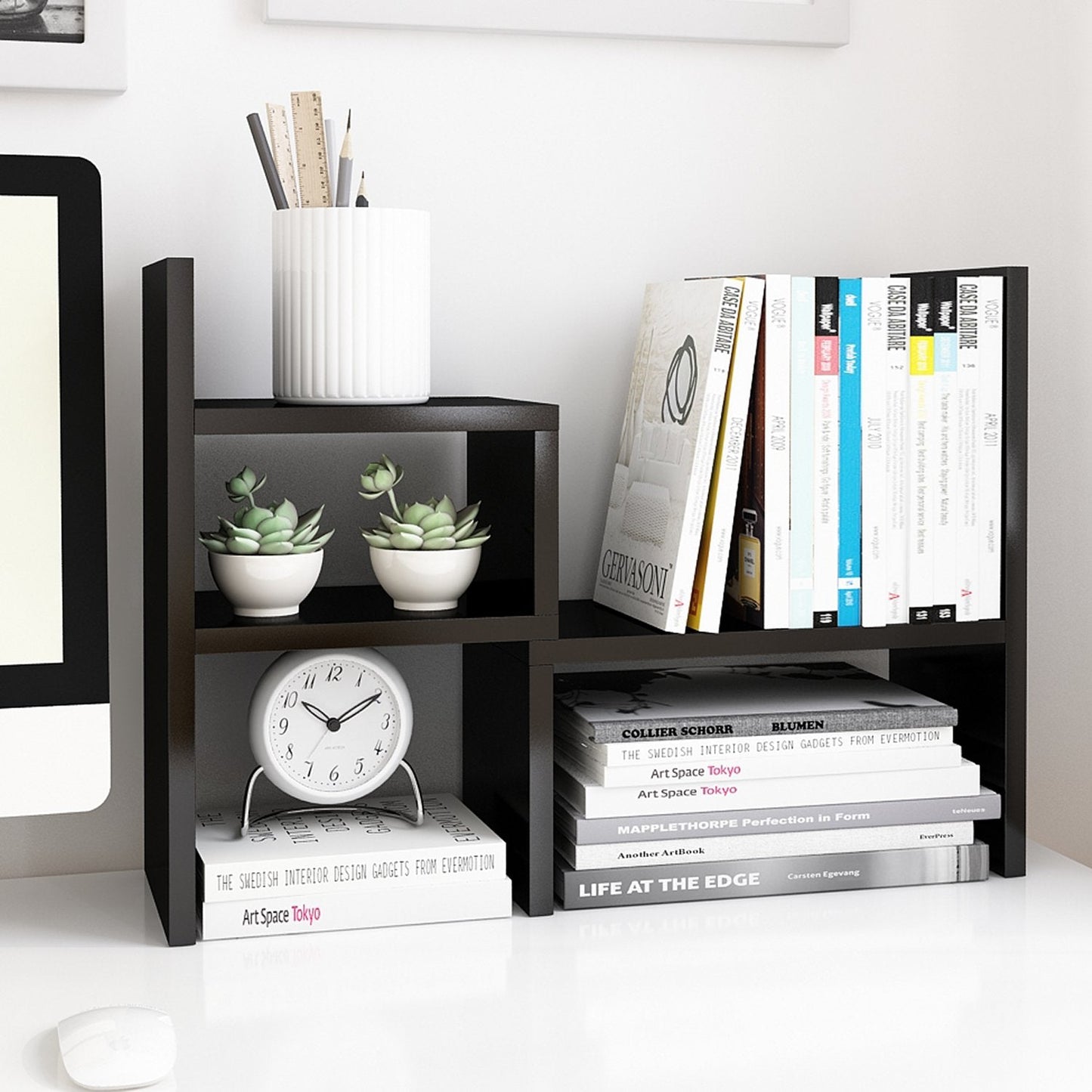 Jerry & Maggie Desktop Organizer Office Storage Rack Adjustable Wood Display Shelf, Birthday Gifts Toy Home Decor Free Style Rotation Display True Natural Stand Shelf (Black)