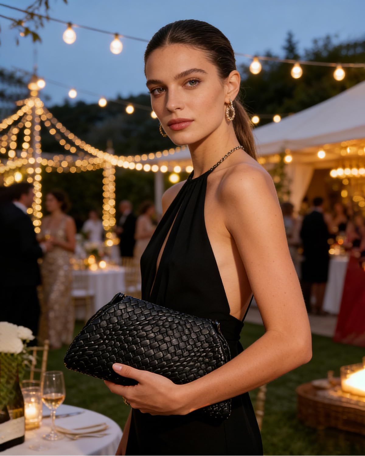 SUANNI Black Woven Vegan Leather Evening Bag, Dumpling Clutch Purse for Women, Shoulder Crossbody Bags with Adjustable & Detachable Strap, Clasp Closure Handbag for Party Wedding Weekends