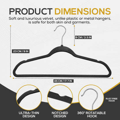 TECHZOO 50 Pack New Premium Quality Velvet Hangers Ultra Thin Non Slip Adult Felt Space Saving Hangers for Closet Heavy Duty Coat Pants Jackets Dress Hangers 360° Swivel Hook Hold Upto 10 lbs Black