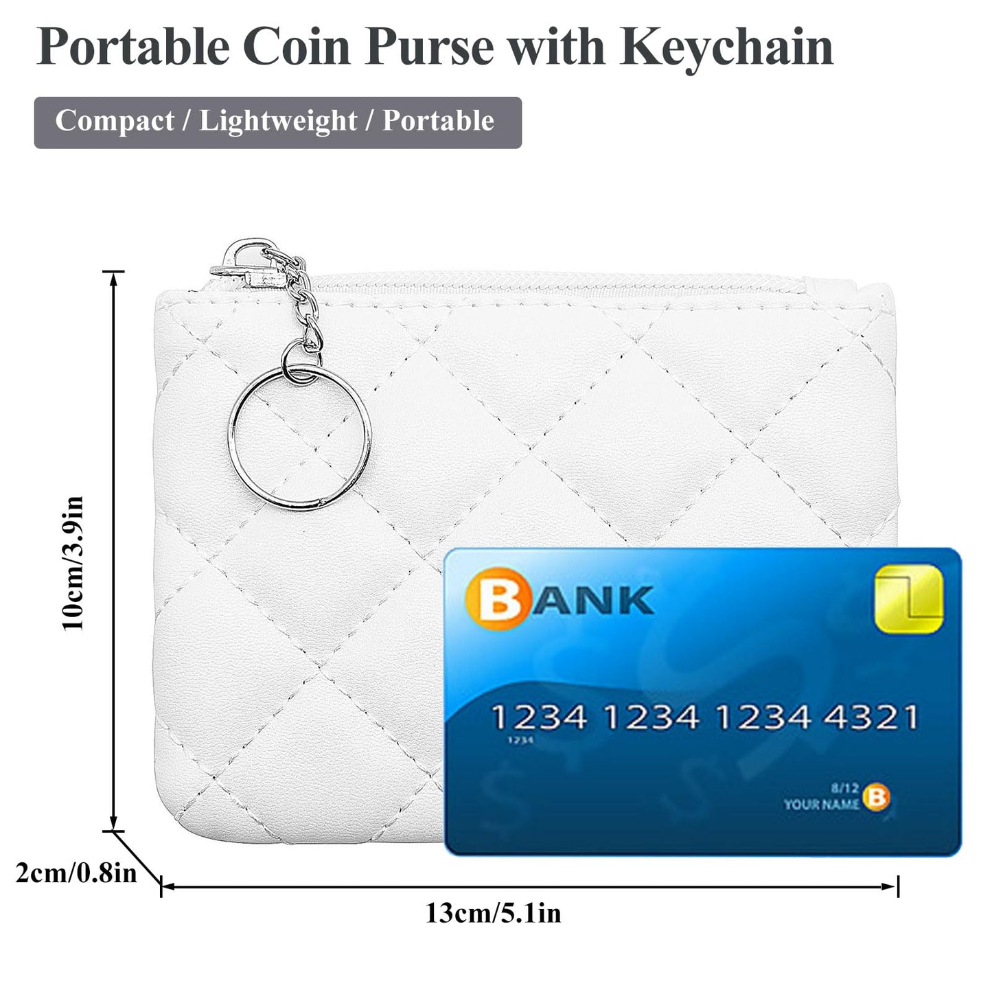 LJCZKA Coin Purse for Women Quilted Leather Mini Pouch Card Holder Top Zipper Coin Wallet Makeup Bag with Keychain (White)
