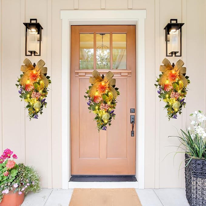 Spring Summer Floral Teardrop Swags Lighted Mixed Flower Teardrop Wreath with Dahlia Pinnata Peonies Rose Burlap Bow and Eucalyptus Leaves Floral Arrangement for Door Wall Mantel Window