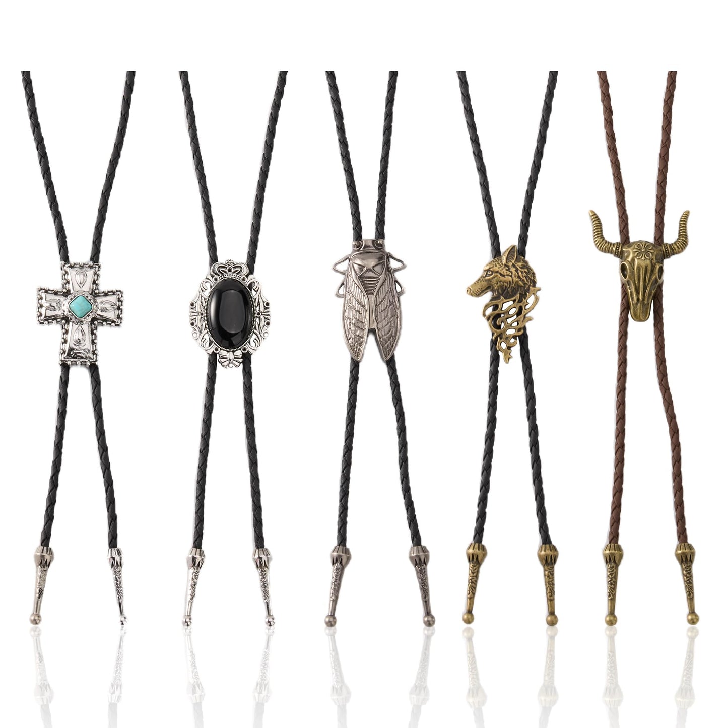 INSYOHO 5 Pcs Western Cowboy Bolo Tie for Men Women Native American Turquoise Cross Leather Necktie Rodeo Costume Necklace Accessories with Cicada, Fox Head, Bull Head Pendant Designs