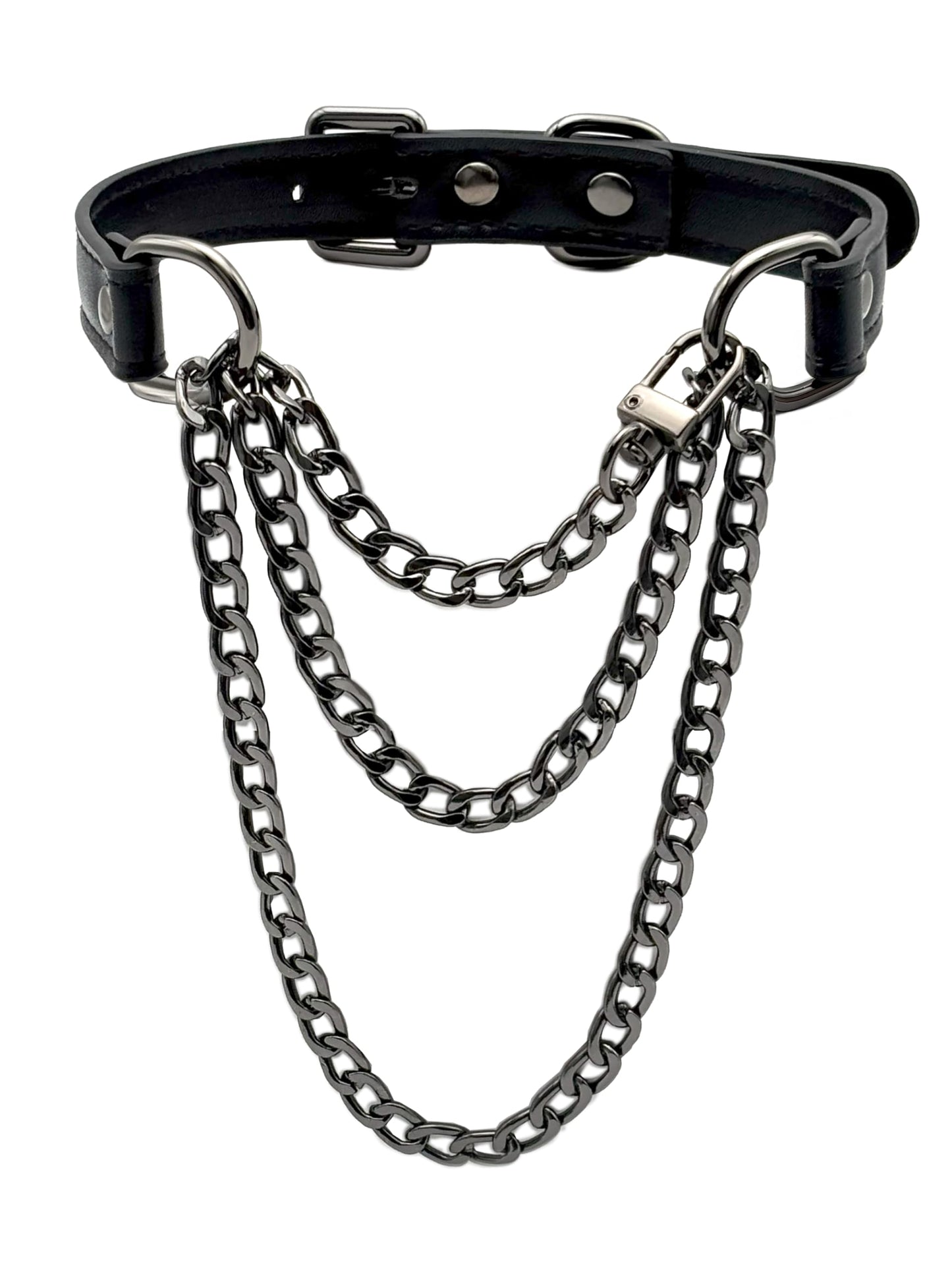 EverGlimp Handmade Black Vegan Leather Choker Collar For Women, Adjustable Triple-Layer Slip Chain Necklace