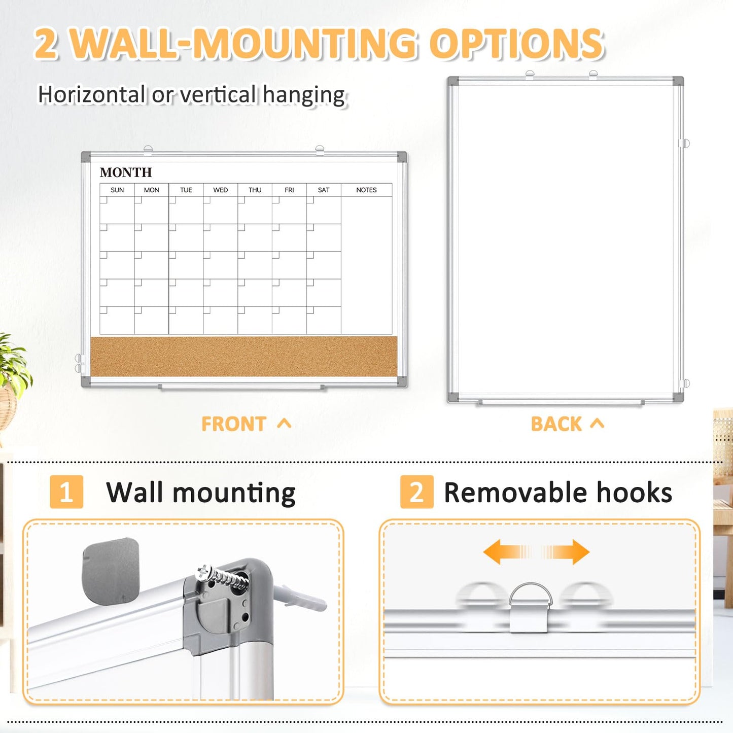 QUEENLINK Dry Erase Calendar Board for Wall, 24"x18" Magnetic Whiteboard Calendar Double-Sided Monthly White Board with Cork Board, Aluminum Frame Memo Message Board for Office, Home, School, Kitchen