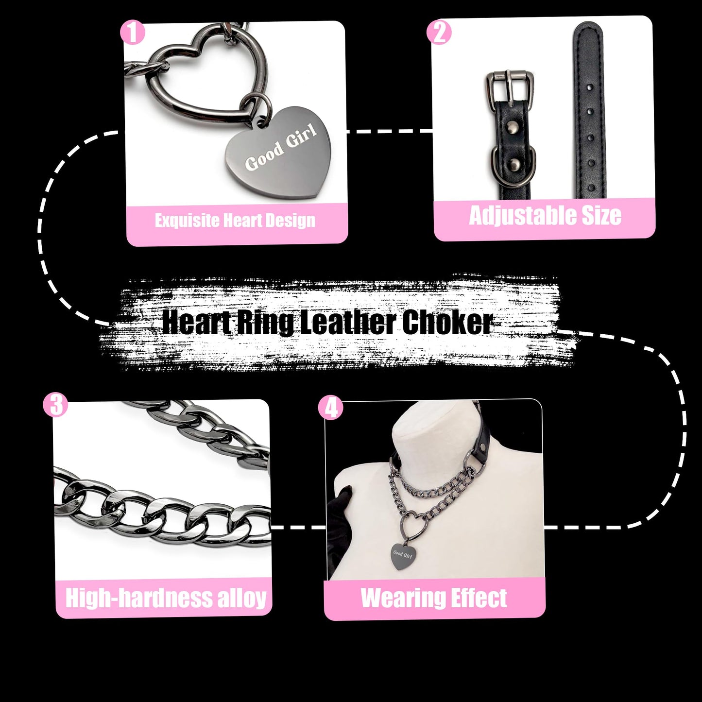 paloli Leather Slip Chain Choker – Adjustable PU Vegan Collar With Heart Ring & Cuban Chain, Letter Heart Pendant Necklace for Women