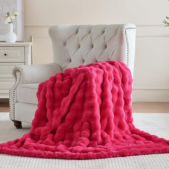 Krifey Hot Pink Bubble Blanket for Women, Soft Cloud Touch Bed Throw, Cozy Fuzzy Plush Thick Warm Blanket, Faux Rabbit Fleece, Christmas Birthday Gifts for her Girls Mom, Dorm Room Decor, 50x60in