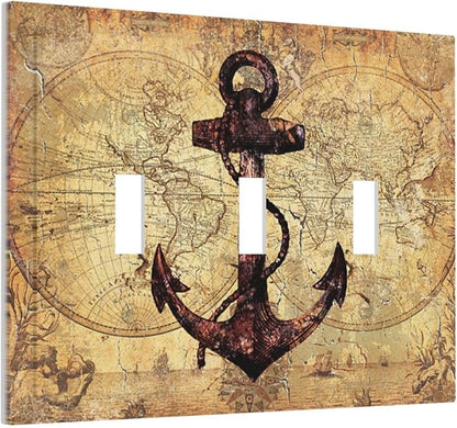Anchor Nautical Vintage Map 3 Gang Light Switch Covers Triple Toggle Wall Plate Decorative Switchplate Electrical Faceplate for Office Livingroom Home Decor