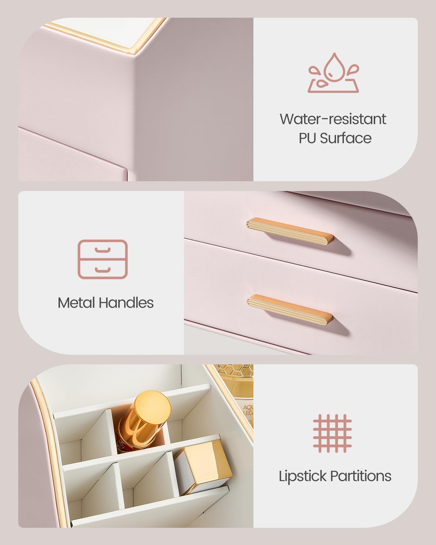 Lolalet Makeup Organizer Countertop with Drawers, Easy to Clean PU Leather Storage Box, 3-Layer Cosmetic Holder for Skincare, Lipstick, Perfume & Brush, Display Case for Vanity Dresser Bathroom - Pink