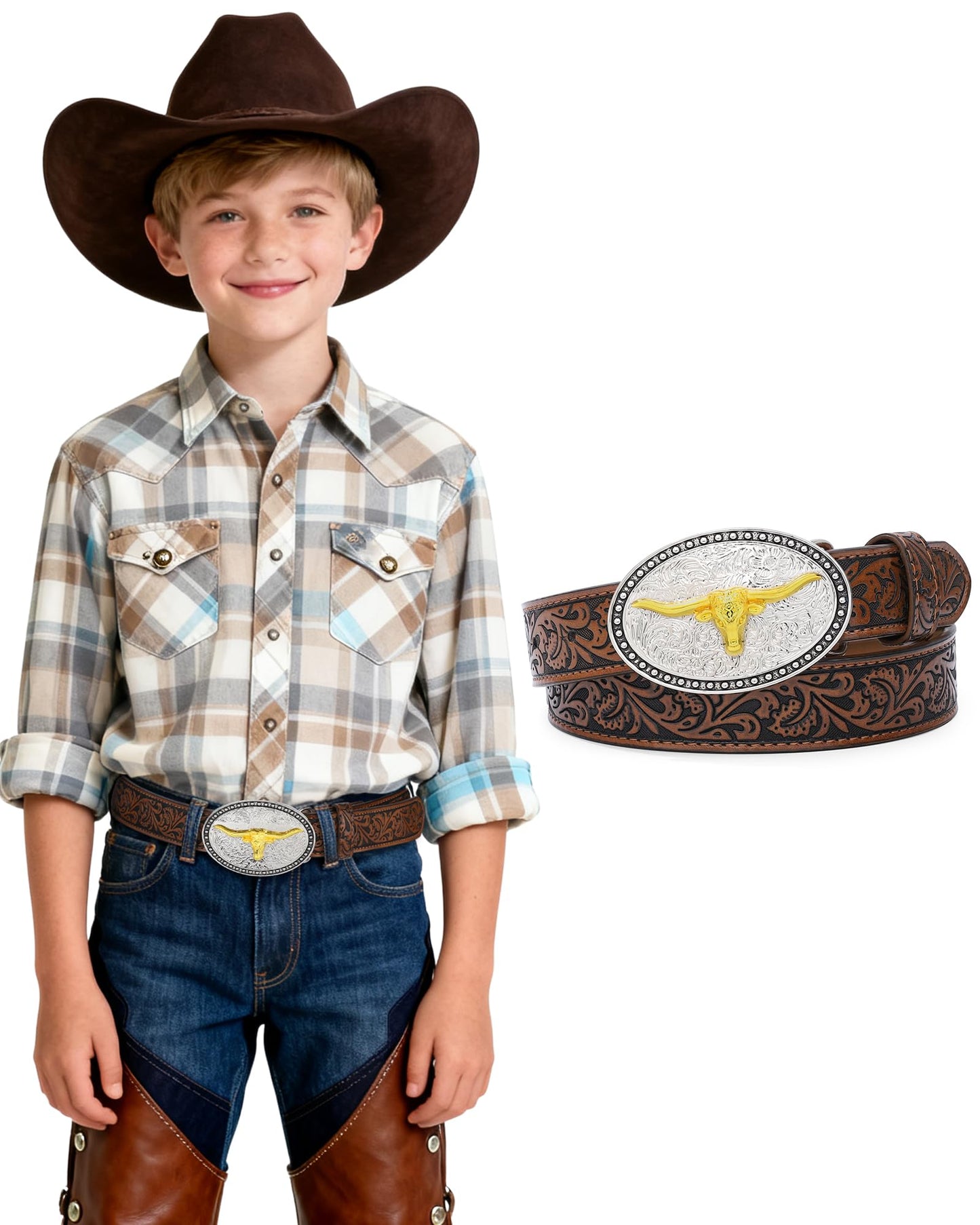 AWAYTR Kids Western Belt with Detachable Buckle - PU Leather, 3 Sizes (23"-34.5"), Adjustable for Daily Wear & Halloween (Cow Buckle-Dark Brown, Fit Waist: 26.5"-30")
